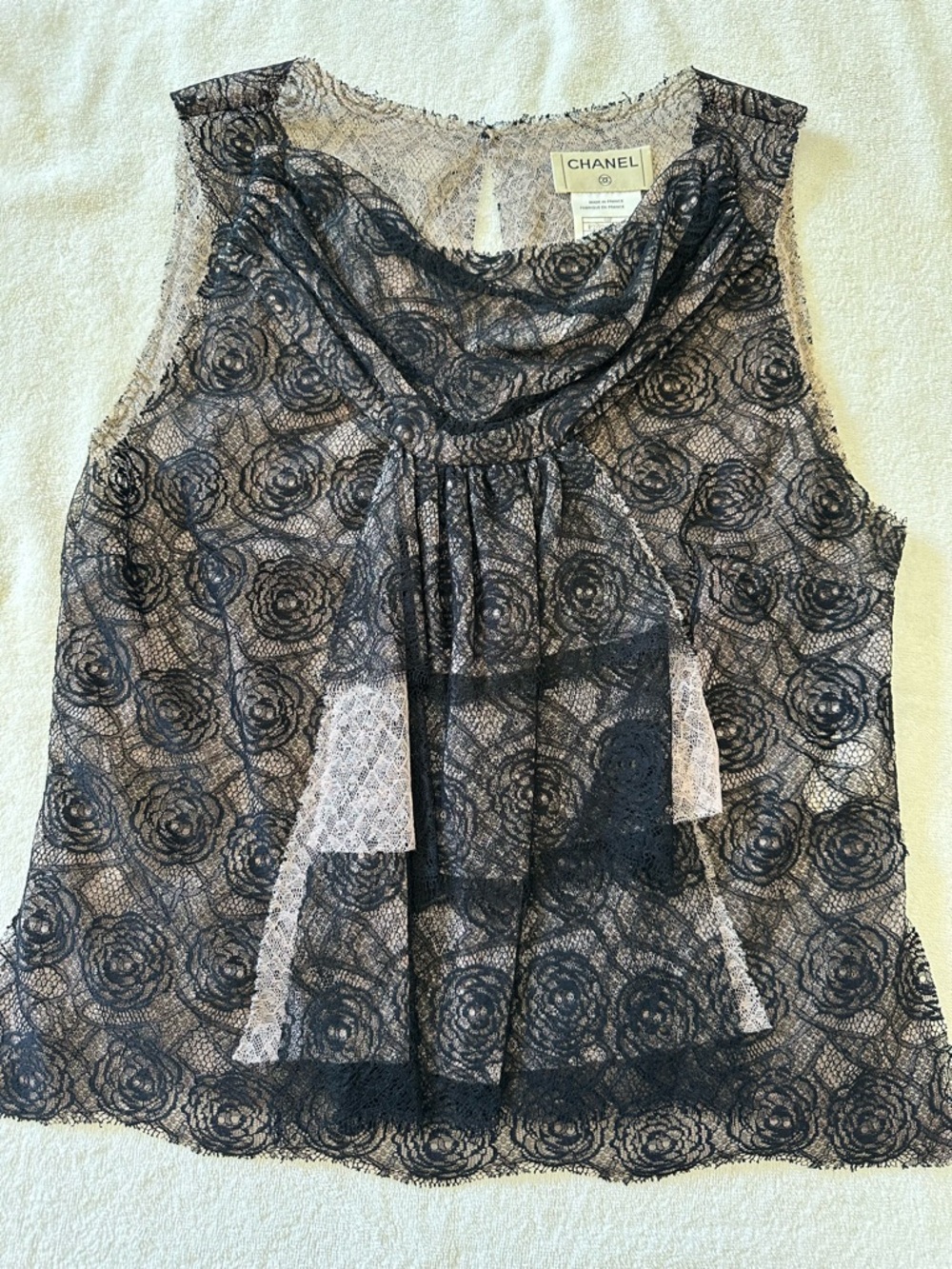 CHANEL Black Rose Lace Camisole with Sheer Overlay
